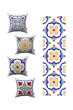 Kırmızı Mavi Modern Etnik Karo Desenli 4'lü Kırlent Kılıfı 1 Runner Seti 4kmbs99-RS-02