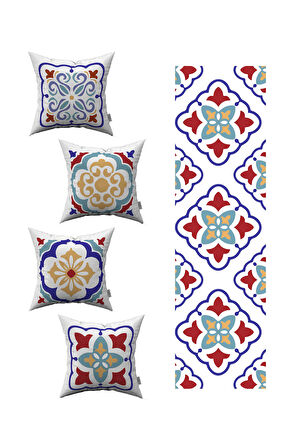 Kırmızı Mavi Modern Etnik Karo Desenli 4'lü Kırlent Kılıfı 1 Runner Seti 4kmbs99-RS-03