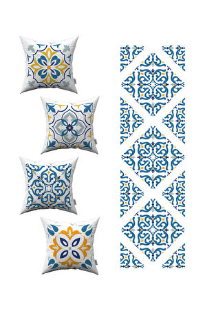 Beyaz Mavi Modern Etnik Karo Desenli 4'lü Kırlent Kılıfı 1 Runner Seti 4kmbs100-RS-02