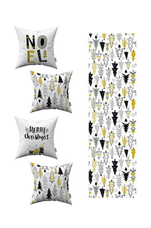Sarı Siyah Yılbaşı Temalı 4'lü Kırlent Kılıfı 1 Runner Seti 4kmbs148-RS