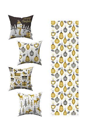 Sarı Gri Yılbaşı Temalı 4'lü Kırlent Kılıfı 1 Runner Seti 4kmbs155-RS-02
