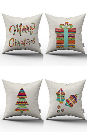Krem Çok Renkli Yılbaşı Temalı 4'lü Kırlent Kılıfı Seti 4kmbs152