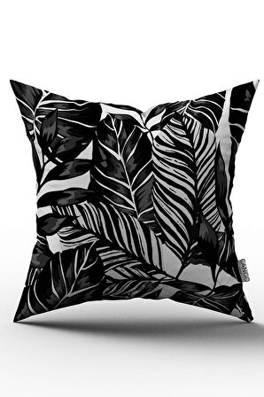 Çift Taraflı Siyah Beyaz Dekoratif Yaprak Desenli Dijital Baskılı Kırlent Kılıfı - OTYK817-CT