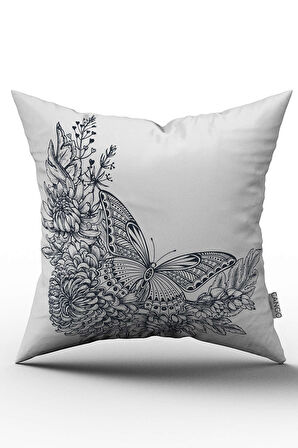 Çift Taraflı Beyaz Siyah Kelebek Desenli Dijital Baskılı Kırlent Kılıfı - OTYK802-CT