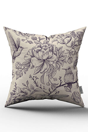 Çift Taraflı Bej Lacivert Çiçek ve Kuş Desenli Dijital Baskılı Kırlent Kılıfı - OTYK800-CT