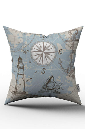 Çift Taraflı Beyaz Mavi Marin Temalı Dijital Baskılı Kırlent Kılıfı - OTYK787-CT