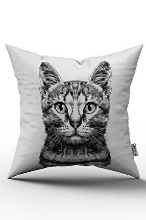 Çift Taraflı Beyaz Siyah Kedi Figürlü Dijital Baskılı Kırlent Kılıfı - OTYK785-CT