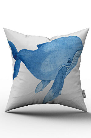 Çift Taraflı Beyaz Mavi Balina Figürlü Dijital Baskılı Kırlent Kılıfı - OTYK762-CT