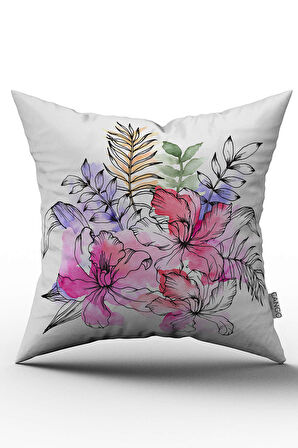 Çift Taraflı Beyaz Pembe Çiçek Buketi Dijital Baskılı Kırlent Kılıfı - OTYK746-CT