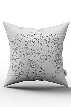 Çift Taraflı Beyaz Siyah Deniz Hayvanları Figürlü Dijital Baskılı Kırlent Kılıfı - OTYK733-CT