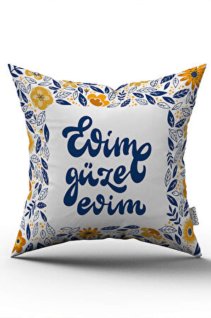 Çift Taraflı Beyaz Mavi Evim Güzel Evim Yazılı Dijital Baskı Kırlent Yastık Kılıfı - CGH450-CT
