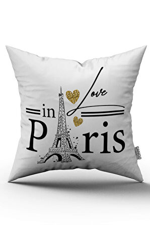 Çift Taraflı Beyaz Siyah Love Paris Yazılı  Dijital Baskı Kırlent Yastık Kılıfı - CGH443-CT