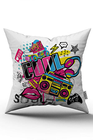 Çift Taraflı Beyaz Çok Renkli Popart Desenli Dijital Baskı Kırlent Yastık Kılıfı - CGH420-CT