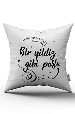 Çift Taraflı Beyaz Siyah Bir Yıldız Gibi Parla Yazılı Dijital Baskı Kırlent Yastık Kılıfı - CGH413-CT