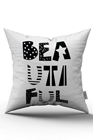 Çift Taraflı Beyaz Siyah Beautiful Yazılı Modern Dijital Baskı Kırlent Yastık Kılıfı - CGH393-CT