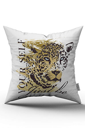 Çift Taraflı Beyaz Kahverengi Leopar Figürlü Yazılı Dijital Baskı Kırlent Yastık Kılıfı - CGH374-CT