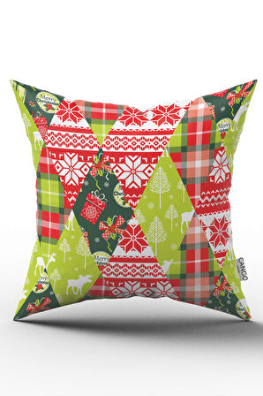 Çift Taraflı Kırmızı Yeşil Yılbaşı Temalı Dijital Baskılı Kırlent Yastık Kılıfı - CGH305-CT