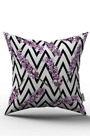 Çift Taraflı Beyaz Siyah Çizgili Mor Çiçekli Kırlent Yastık Kılıfı - CGH228-CT