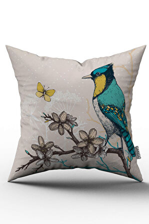 Çift Taraflı Mavi Sarı Kuş Çiçek Desenli Kırlent Yastık Kılıfı - CGH138-CT