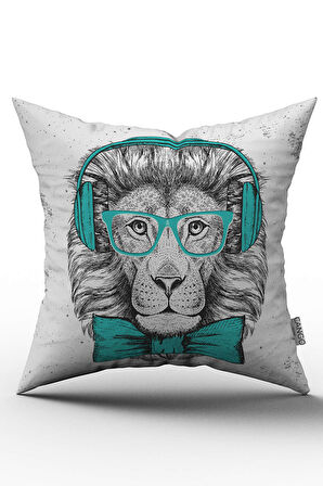 Çift Taraflı Beyaz Turkuaz Gözlüklü Aslan Kırlent Yastık Kılıfı - CGH040-CT