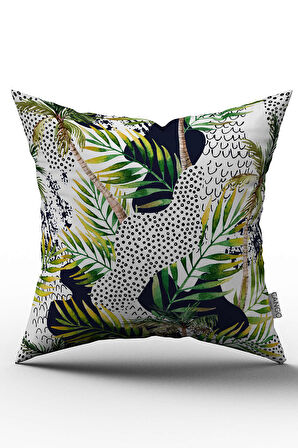 Çift Taraflı Beyaz Yeşil Tropikal Yaprak Desenli Kırlent Yastık Kılıfı - CGH026-CT