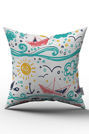 Çift Taraflı Beyaz Turkuaz Çocuk Deniz Temalı Kırlent Yastık Kılıfı - CGH025-CT