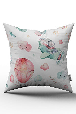 Çift Taraflı Pembe Turkuaz Çocuk Helikopter Balon Desenli Kırlent Yastık Kılıfı - CGH014-CT