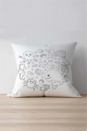 Çift Taraflı Beyaz Siyah Deniz Hayvanları Temalı Kırlent Yastık Kılıfı - CGH004-CT