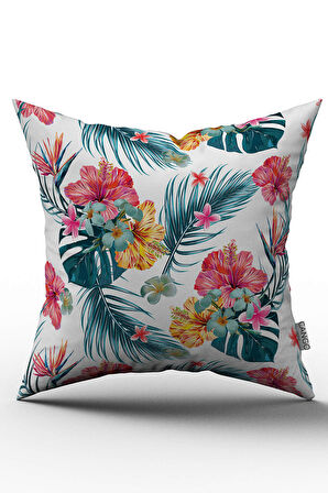 Çift Taraflı Pembe Yeşil Tropikal Çiçek Desenli Dijital Baskılı Kırlent Kılıfı - YST06-CT