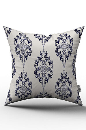 Çift Taraflı Beyaz Lacivert Damask Desenli Dijital Baskılı Kırlent Kılıfı - OTYK013-CT
