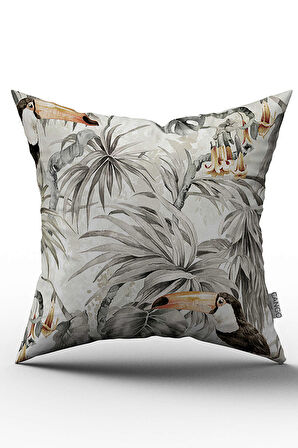 Çift Taraflı Beyaz Yeşil Tropikal Kuş Figürlü Dijital Baskılı Kırlent Kılıfı - OTYK050-CT