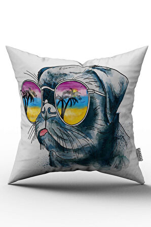 Çift Taraflı Gözlüklü Köpek Figürlü Dijital Baskılı Kırlent Kılıfı - OTYK202-CT