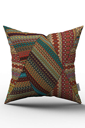 Çift Taraflı Kahverengi Çok Renkli Retro Vintage Desenli Dijital Baskılı Kırlent Kılıfı - OTYK277-CT