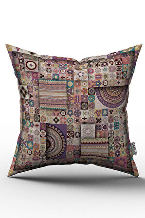 Çift Taraflı Pembe Mor Retro Vintage Desenli Dijital Baskılı Kırlent Kılıfı - OTYK283-CT