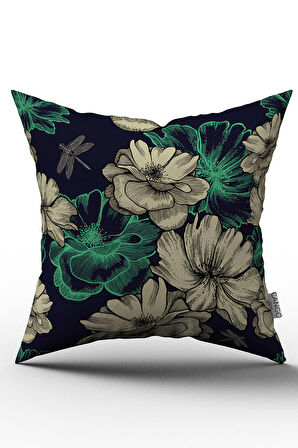 Çift Taraflı Lacivert Yeşil Çiçek Desenli Dijital Baskılı Kırlent Kılıfı - OTYK315-CT