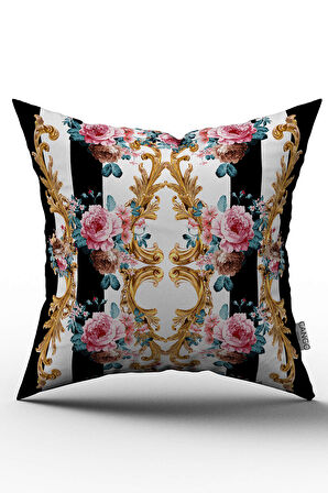 Çift Taraflı Siyah Beyaz Çiçek Desenli Dijital Baskılı Kırlent Kılıfı - OTYK465-CT