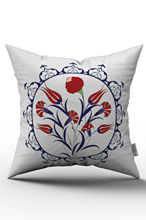 Çift Taraflı Mavi Kırmızı Lale Motifli Etnik Desenli Dijital Baskılı Kırlent Kılıfı - OTYK507-CT