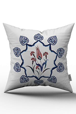 Çift Taraflı Mavi Kırmızı Lale Motifli Etnik Desenli Dijital Baskılı Kırlent Kılıfı - OTYK508-CT