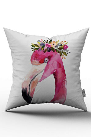 Çift Taraflı Pembe Çiçekli Flamingo Desenli Dijital Baskılı Kırlent Kılıfı - OTYK509-CT