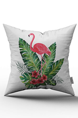 Çift Taraflı Pembe Yeşil Tropik Flamingo Desenli Dijital Baskılı Kırlent Kılıfı - OTYK510-CT