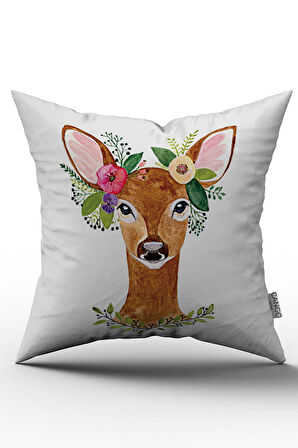 Çift Taraflı Kahverengi Beyaz Çiçekli Geyik Desenli Dijital Baskılı Kırlent Kılıfı - OTYK514-CT