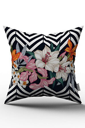 Çift Taraflı Siyah Beyaz Çiçekli Zigzag Desenli Dijital Baskılı Kırlent Kılıfı - OTYK522-CT