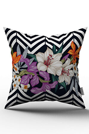 Çift Taraflı Siyah Beyaz Çiçekli Zigzag Desenli Dijital Baskılı Kırlent Kılıfı - OTYK524-CT