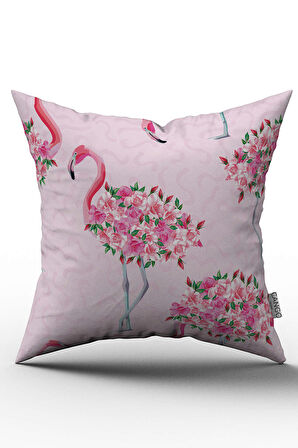 Çift Taraflı Pembe Yeşil Çiçekli Flamingo Desenli Dijital Baskılı Kırlent Kılıfı - OTYK525-CT