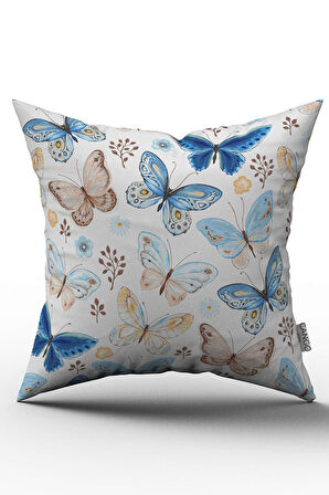 Çift Taraflı Mavi Kahverengi Kelebek Desenli Dijital Baskılı Kırlent Kılıfı - OTYK535-CT