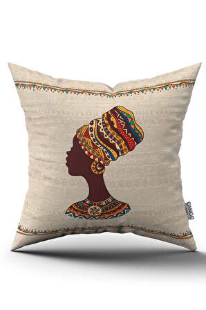 Çift Taraflı Krem Etnik Afrika Kadın Figürlü Dijital Baskılı Kırlent Yastık Kılıfı -CGH1257-CT