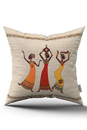 Çift Taraflı Krem Etnik Afrika Kadın Figürlü Dijital Baskılı Kırlent Yastık Kılıfı -CGH1258-CT