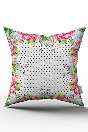 Çift Taraflı Pembe Beyaz Puantiyeli Çiçek Desenli Dijital Baskılı Kırlent Kılıfı CGH1078