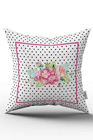 Çift Taraflı Pembe Beyaz Puantiyeli Çiçek Desenli Dijital Baskılı Kırlent Kılıfı CGH1080