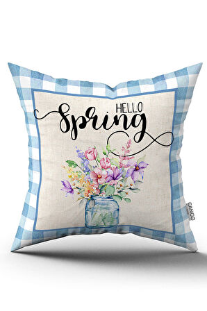 Çift Taraflı Mavi Beyaz Bahar Temalı Çiçek Desenli Dijital Baskılı Kırlent Kılıfı CGH1090